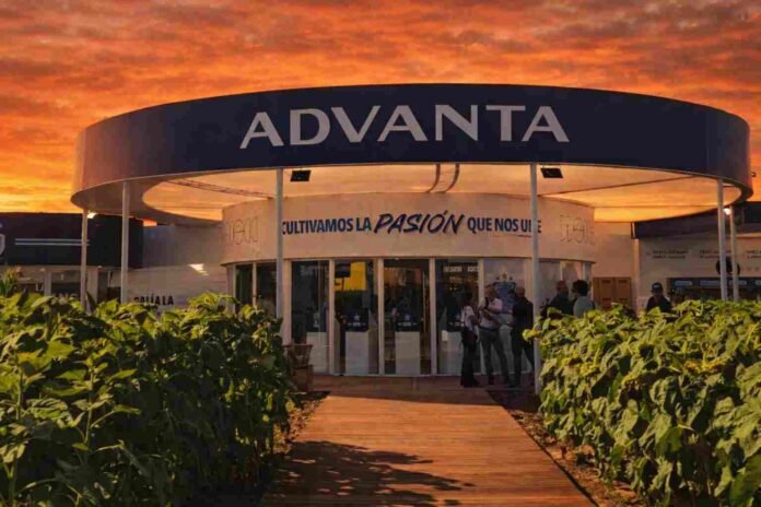 Stand de Advanta en Expoagro al atardecer con cultivos en primer plano donde la empresa presenta su estrategia en maíz, sorgo y girasol