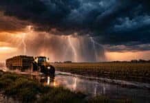 Alerta naranja por tormentas: hasta 90 mm, granizo y riesgo de anegamientos en zonas productivas Tormenta intensa con relámpagos y lluvias fuertes sobre campo anegado en la Pampa húmeda, con tractor trabajando bajo condiciones extremas y riesgo hídrico