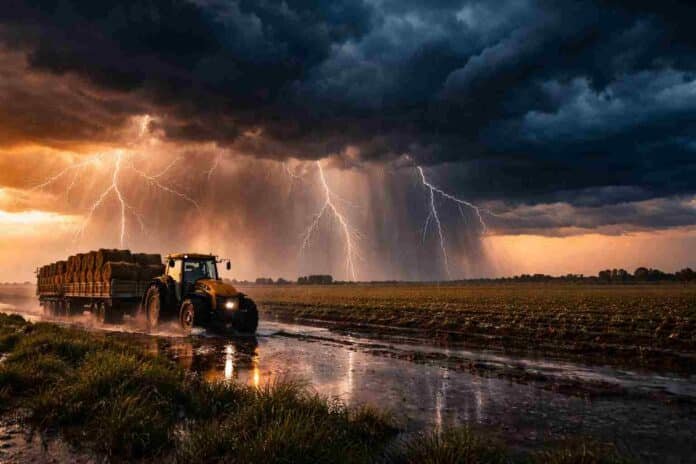 Tormenta intensa con relámpagos y lluvias fuertes sobre campo anegado en la Pampa húmeda, con tractor trabajando bajo condiciones extremas y riesgo hídrico