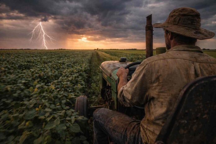 aumento-salario-rural-tractor-deutz-tormenta-soja-ruralnet Peón rural trabajando en tractor en medio de tormenta eléctrica en el campo argentino, con presión económica sobre el sector agropecuario