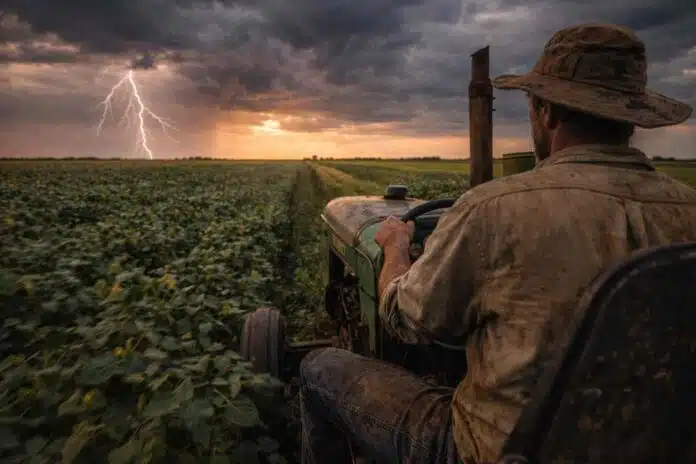 Peón rural trabajando en tractor en medio de tormenta eléctrica en el campo argentino, con presión económica sobre el sector agropecuario