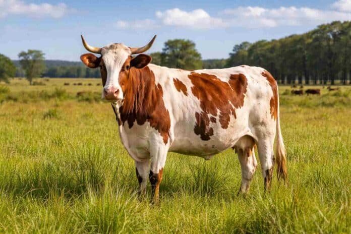 Vaca bovino Criollo pastando en un campo argentino, destacada por su rusticidad y resistencia natural a la garrapata en sistemas ganaderos extensivos