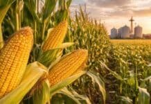 El maíz puede generar US$ 45.370 millones y 80.000 empleos si se industrializa más en Argentina Cultivo de maíz en etapa avanzada con espigas desarrolladas en un lote agrícola, iluminado por el sol al atardecer, con silos de almacenamiento al fondo