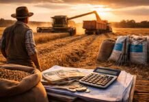 Impuestos: Santa Fe aporta el 53,9% de la renta agrícola Productor observa la cosecha de trigo mientras una máquina descarga en un camión al atardecer, reflejando el impacto de los costos y la presión impositiva en la renta agrícola