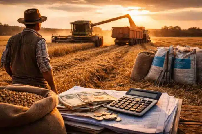 cosecha-costos-impuestos-renta-agricola-trigo-ruralnet Productor observa la cosecha de trigo mientras una máquina descarga en un camión al atardecer, reflejando el impacto de los costos y la presión impositiva en la renta agrícola