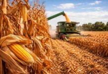 Maíz tardío en Entre Ríos mejora su condición y crece el optimismo de cara a la cosecha Cosechadora trabajando en un lote de maíz seco con alto rendimiento durante la cosecha en el campo argentino