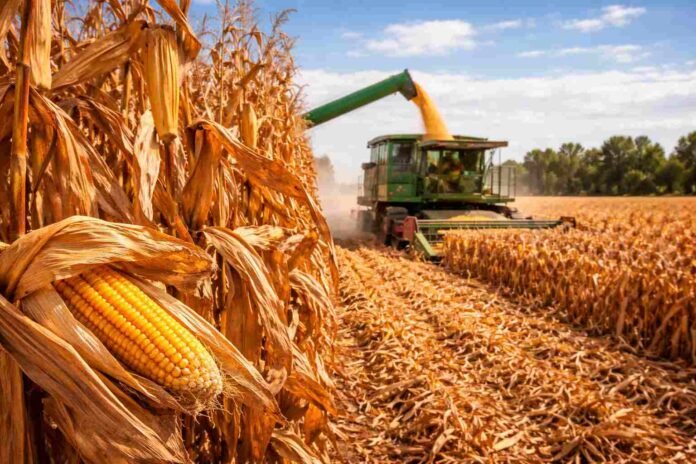 Cosechadora trabajando en un lote de maíz seco con alto rendimiento durante la cosecha en el campo argentino
