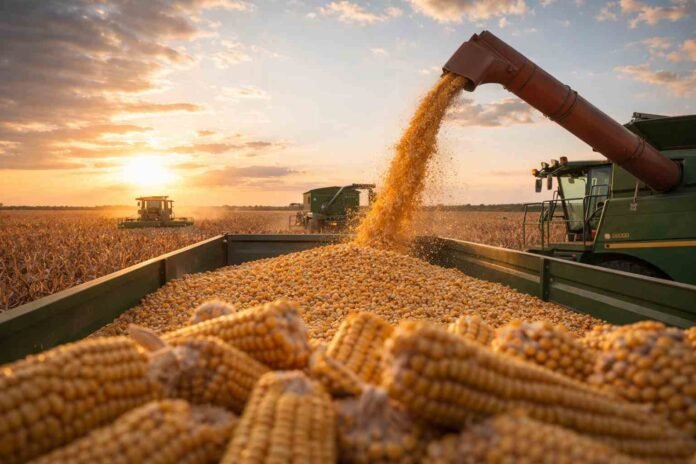 cosecha-maiz-argentina-campaña-record-rendimiento-ruralnet Cosecha de maíz en Argentina con alto rendimiento, maquinaria trabajando al atardecer y descarga de granos en tolva, reflejando una campaña con producción récord.