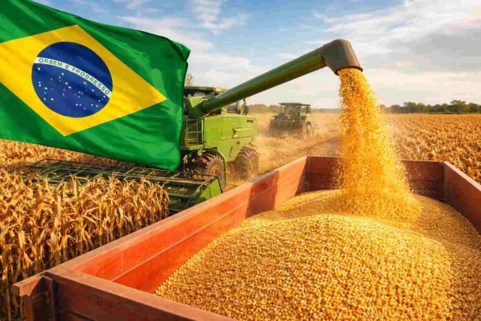 cosecha-maiz-brasil-produccion-140-millones-toneladas-ruralnet Cosecha de maíz en Brasil con cosechadora descargando granos y bandera brasileña en el campo durante la campaña agrícola