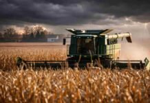 Cosecha de maíz avanza con buenos rindes y el tardío mejora: se afianza la proyección de 57 millones de toneladas Cosechadora trabajando en un lote de maíz bajo cielo tormentoso con relámpagos, en un campo agrícola argentino durante condiciones climáticas inestables