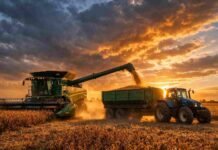 La cadena agropecuaria alcanzó un récord histórico en febrero: creció 15,8% interanual Cosecha de soja con maquinaria trabajando al atardecer en Argentina en un escenario de récord en el agro