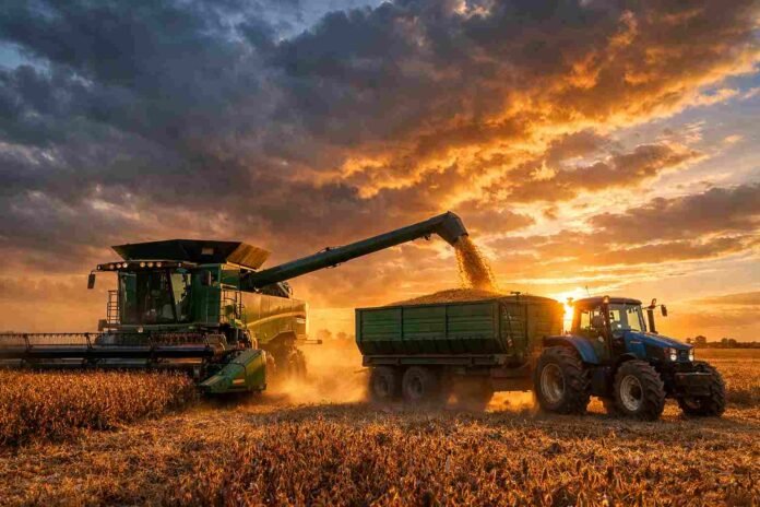cosecha-soja-record-agro-argentina-atardecer-ruralnet Cosecha de soja con maquinaria trabajando al atardecer en Argentina en un escenario de récord en el agro