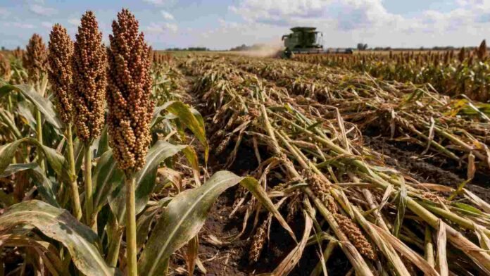 Cosecha de sorgo en campo argentino con plantas caídas y cultivo afectado, mientras una cosechadora avanza en el lote