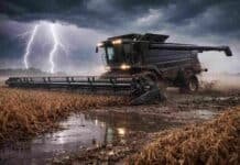 Lluvias y alta humedad frenan la cosecha: así estará el clima en el campo hasta el 28 de marzo Cosecha de soja frenada por lluvias y humedad con maquinaria detenida en el barro bajo tormenta eléctrica en la pampa húmeda