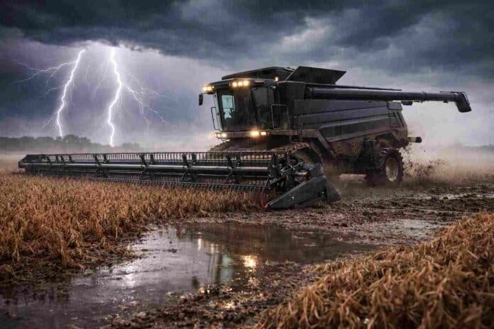 cosechadora-soja-embarrada-tormenta-humedad-cosecha-frenada-ruralnet Cosecha de soja frenada por lluvias y humedad con maquinaria detenida en el barro bajo tormenta eléctrica en la pampa húmeda