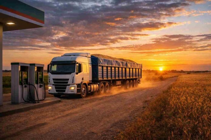 Camión cargando combustible en una estación rural reflejando el impacto del aumento de naftas y gasoil en el agro argentino