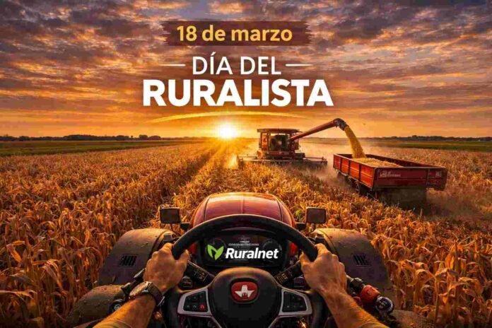 Productor agropecuario argentino manejando un tractor Massey Ferguson cosechando maíz al amanecer en la Pampa húmeda, en el Día del Ruralista