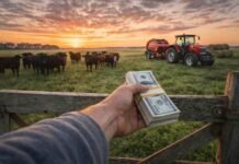 Dólar atrasado y campos baratos: prevén subas fuertes y piden un tipo de cambio de $1550 Mano con dólares sobre una tranquera en un campo de la Pampa Húmeda con ganado y maquinaria agrícola al amanecer, en un contexto de precios de la tierra y tipo de cambio en debate