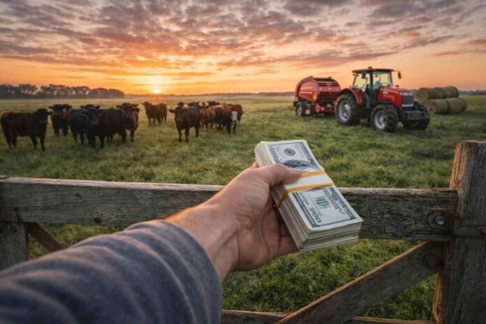 Mano con dólares sobre una tranquera en un campo de la Pampa Húmeda con ganado y maquinaria agrícola al amanecer, en un contexto de precios de la tierra y tipo de cambio en debate