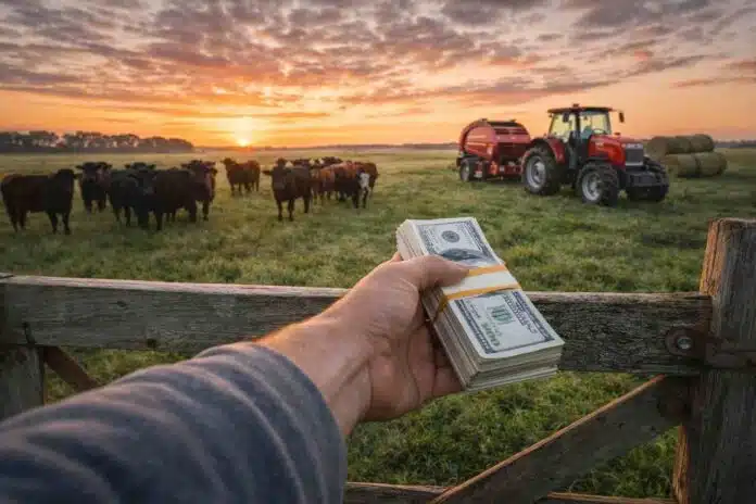 Mano con dólares sobre una tranquera en un campo de la Pampa Húmeda con ganado y maquinaria agrícola al amanecer, en un contexto de precios de la tierra y tipo de cambio en debate