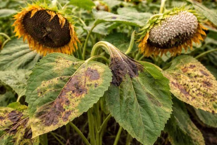 enfermedades-girasol-alternaria-roya-campo-argentina Plantas de girasol con síntomas de enfermedades foliares como alternaria y roya, con manchas y daño visible en hojas y capítulos en un lote agrícola