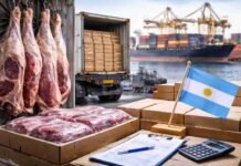 Carne: exportaciones caen 8% en febrero pero generan US$310 millones y China absorbe casi el 66% Exportación de carne argentina con cortes bovinos en frigorífico y contenedores en puerto listos para embarque internacional