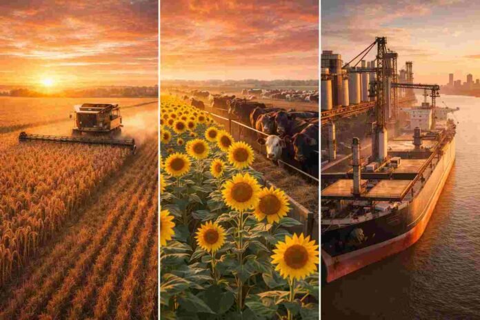exportaciones-agro-argentina-trigo-girasol-carne-2026-ruralnet Escena del agro argentino con cosecha de trigo, campo de girasol, ganado bovino y puerto con buque cargando granos al amanecer.