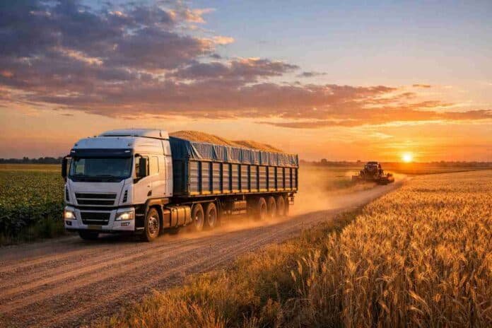 Camión transportando granos en la Pampa húmeda al atardecer reflejando el crecimiento de las exportaciones agroindustriales en Argentina
