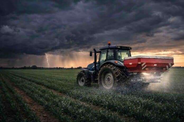 fertilizacion-campo-tractor-aplicando-insumos-tormenta-ruralnet Tractor fertilizador aplicando insumos en un cultivo bajo cielo tormentoso, reflejando el impacto de la disponibilidad de fertilizantes en la producción agrícola