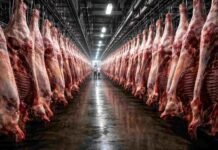 Alerta en la carne vacuna: la faena cae a mínimos históricos y el consumo se desploma en 2026 Interior de frigorífico con línea de faena y reses vacunas colgando en rieles metálicos en planta industrial de procesamiento de carne en Argentina