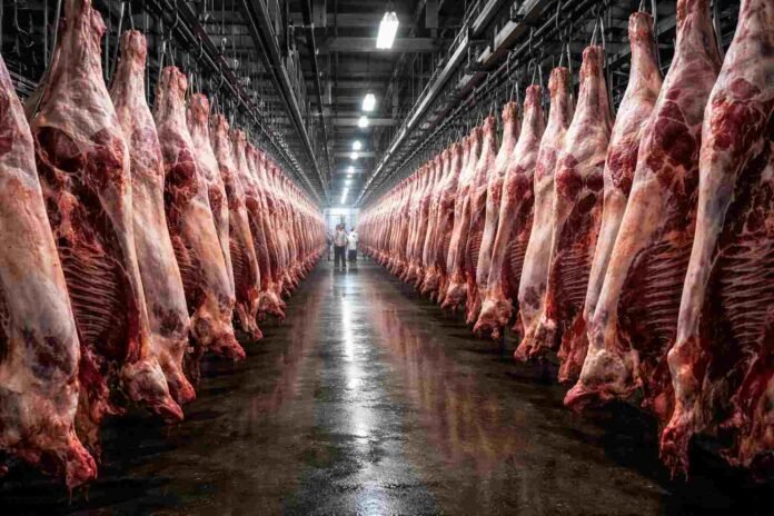 Interior de frigorífico con línea de faena y reses vacunas colgando en rieles metálicos en planta industrial de procesamiento de carne en Argentina