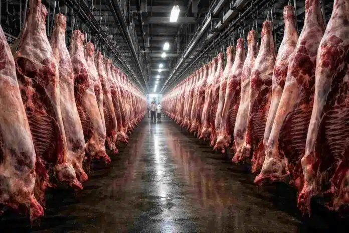 frigorifico-linea-faena-reses-vacunas-industria-carnica-ruralnet Interior de frigorífico con línea de faena y reses vacunas colgando en rieles metálicos en planta industrial de procesamiento de carne en Argentina