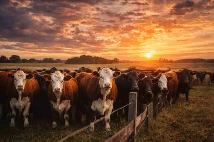 Rodeo de vacas Angus y Hereford en un campo argentino al atardecer, en un contexto de crecimiento de la ganadería y demanda global de carne.