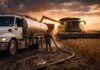 Se dispara el costo del gasoil: subió 29% en un mes y golpea la rentabilidad de los contratistas Camión cisterna abasteciendo de gasoil a una cosechadora en un campo agrícola al atardecer, reflejando el impacto del aumento de combustible en los costos del agro