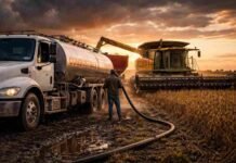 Se dispara el costo del gasoil: subió 29% en un mes y golpea la rentabilidad de los contratistas Camión cisterna abasteciendo de gasoil a una cosechadora en un campo agrícola al atardecer, reflejando el impacto del aumento de combustible en los costos del agro