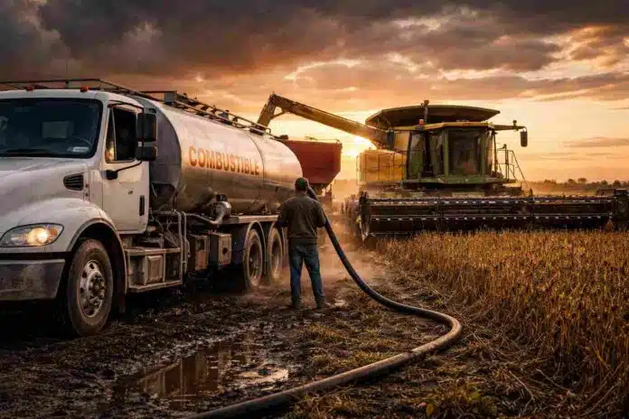 Camión cisterna abasteciendo de gasoil a una cosechadora en un campo agrícola al atardecer, reflejando el impacto del aumento de combustible en los costos del agro