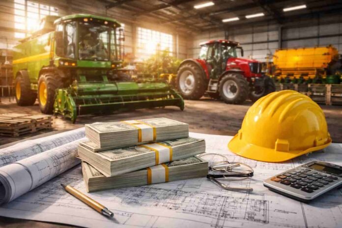 Inversión agroindustrial con maquinaria agrícola y equipamiento en planta, representando financiamiento y desarrollo productivo en el campo argentino