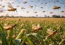 Langostas: Argentina cumple 135 años de control y consolida un sistema clave para proteger millones de hectáreas Enjambre de langostas sobre cultivo de maíz en campo argentino, mostrando el impacto de esta plaga en la producción agrícola