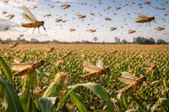 langostas-plaga-campo-maiz-argentina-ruralnet Enjambre de langostas sobre cultivo de maíz en campo argentino, mostrando el impacto de esta plaga en la producción agrícola