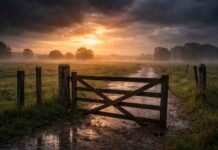 Se reconfigura el clima en el campo: calor de hasta 33°C y tormentas que avanzan hacia el viernes en zonas productivas Lluvia al amanecer sobre un campo argentino con tranquera de madera y camino rural embarrado bajo cielo tormentoso