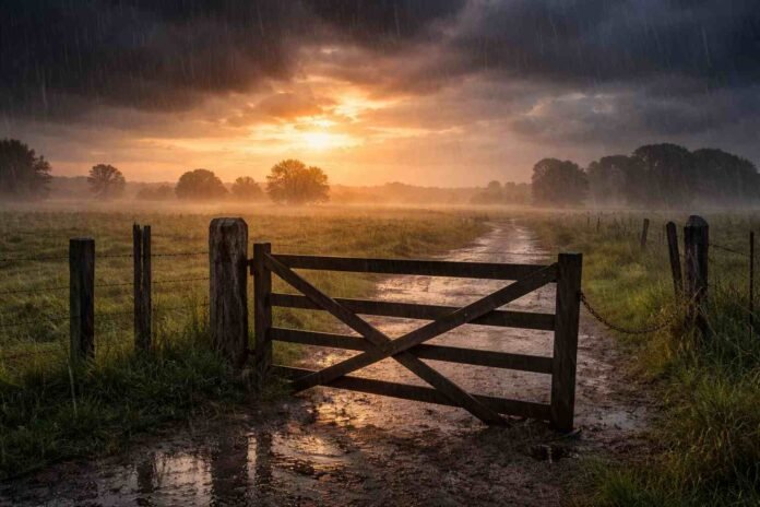 Lluvia al amanecer sobre un campo argentino con tranquera de madera y camino rural embarrado bajo cielo tormentoso