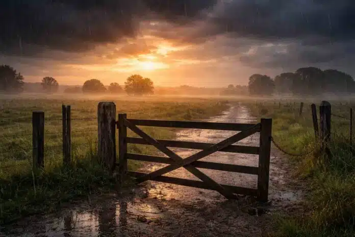 Lluvia al amanecer sobre un campo argentino con tranquera de madera y camino rural embarrado bajo cielo tormentoso