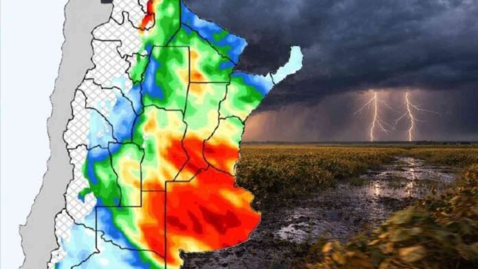 Mapa de precipitaciones en Argentina con acumulados intensos y tormenta eléctrica sobre un campo agrícola, con lluvias previstas hasta el 30 de marzo en la región pampeana.
