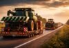 El agro ajusta tiempos: la logística de maquinaria define la eficiencia en plena campaña Transporte de maquinaria agrícola sobre camiones en ruta rural, con cosechadoras y tractores trasladándose durante la campaña bajo luz de atardecer.