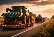El agro ajusta tiempos: la logística de maquinaria define la eficiencia en plena campaña Transporte de maquinaria agrícola sobre camiones en ruta rural, con cosechadoras y tractores trasladándose durante la campaña bajo luz de atardecer.