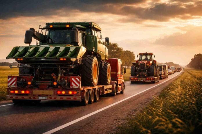 Transporte de maquinaria agrícola sobre camiones en ruta rural, con cosechadoras y tractores trasladándose durante la campaña bajo luz de atardecer.