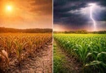 El Niño se activa: altas chances para la campaña 2026/27 y posible giro en las lluvias Comparación en campo argentino: maíz afectado por sequía con suelo seco y cielo naranja frente a cultivo de maíz verde bajo tormenta con lluvia y relámpago, mostrando contraste climático