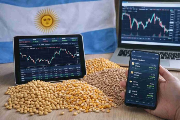 Mercado de granos en Argentina con precios de soja, maíz y trigo en pantalla junto a granos físicos y bandera nacional de fondo