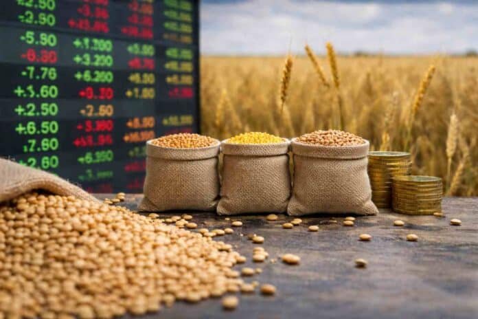 Bolsas de granos con soja, maíz y trigo en primer plano, con fondo de campo agrícola y pantalla de cotizaciones desenfocada, representando el mercado de granos en Argentina.