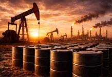 📊 La soja cae US$ 20 en una semana y el trigo entra en zona de alta volatilidad: el mercado pierde impulso Barriles de petróleo en primer plano con bombas extractoras y refinería al atardecer, reflejando el impacto de la energía en los mercados globales